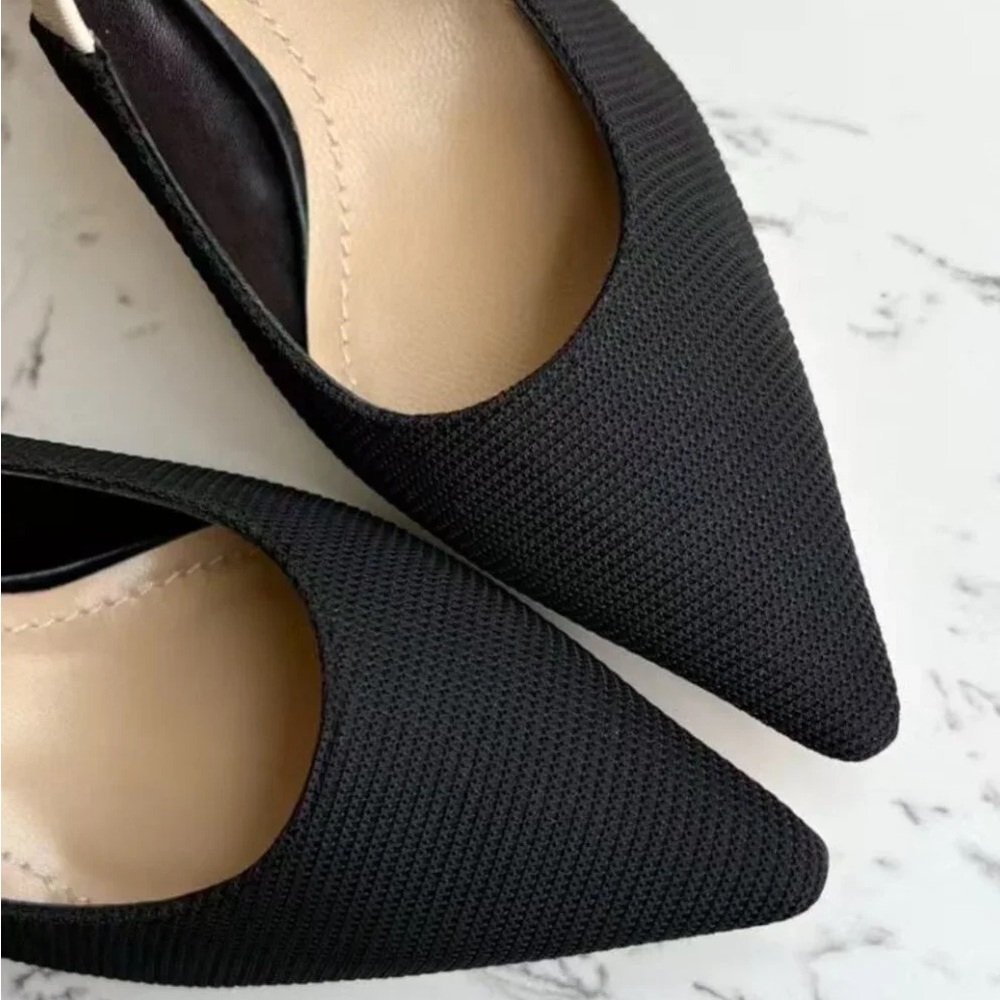 Dior Black Pointed Slingback Heels with White Logo Strap. - Picture 5 of 9